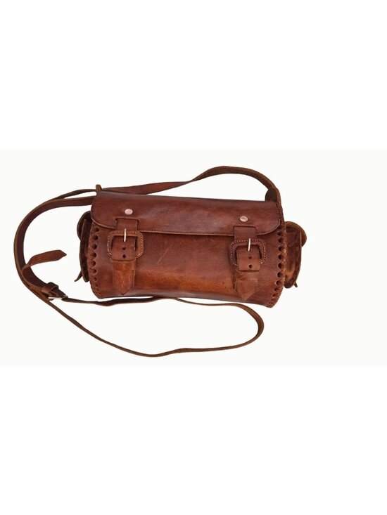 Unbranded / Handmade Handbags - Handmade Leather Barrel Crossbody Bag Boho Western Vintage Cognac Hand Laced